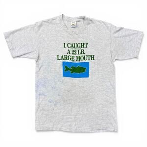 Vintage 90s Funny 22 lb Large Mouth Bass Fishing T Shirt USA Made Gray XL